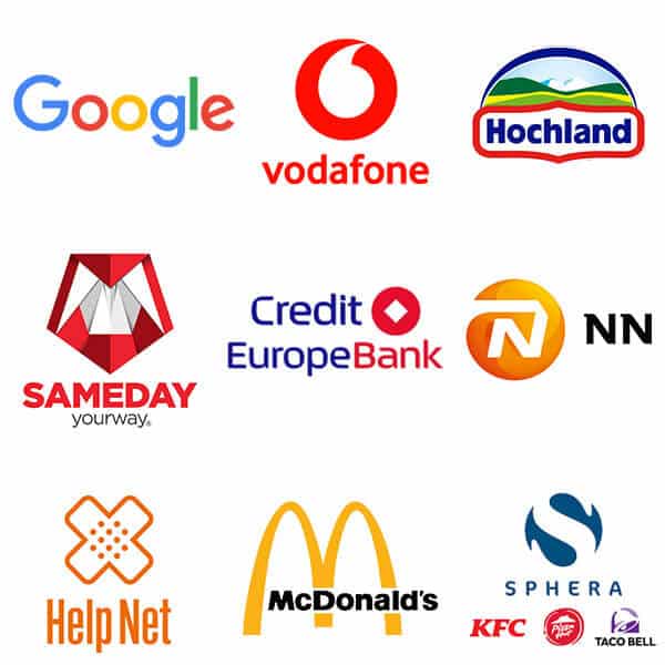 Logouri ale companiilor care au lucrat cu OMG Cabina Foto: Google, Vodafone, Hochland, Sameday, Credit Europe Bank, NN, Help Net, McDonald's, Sphera