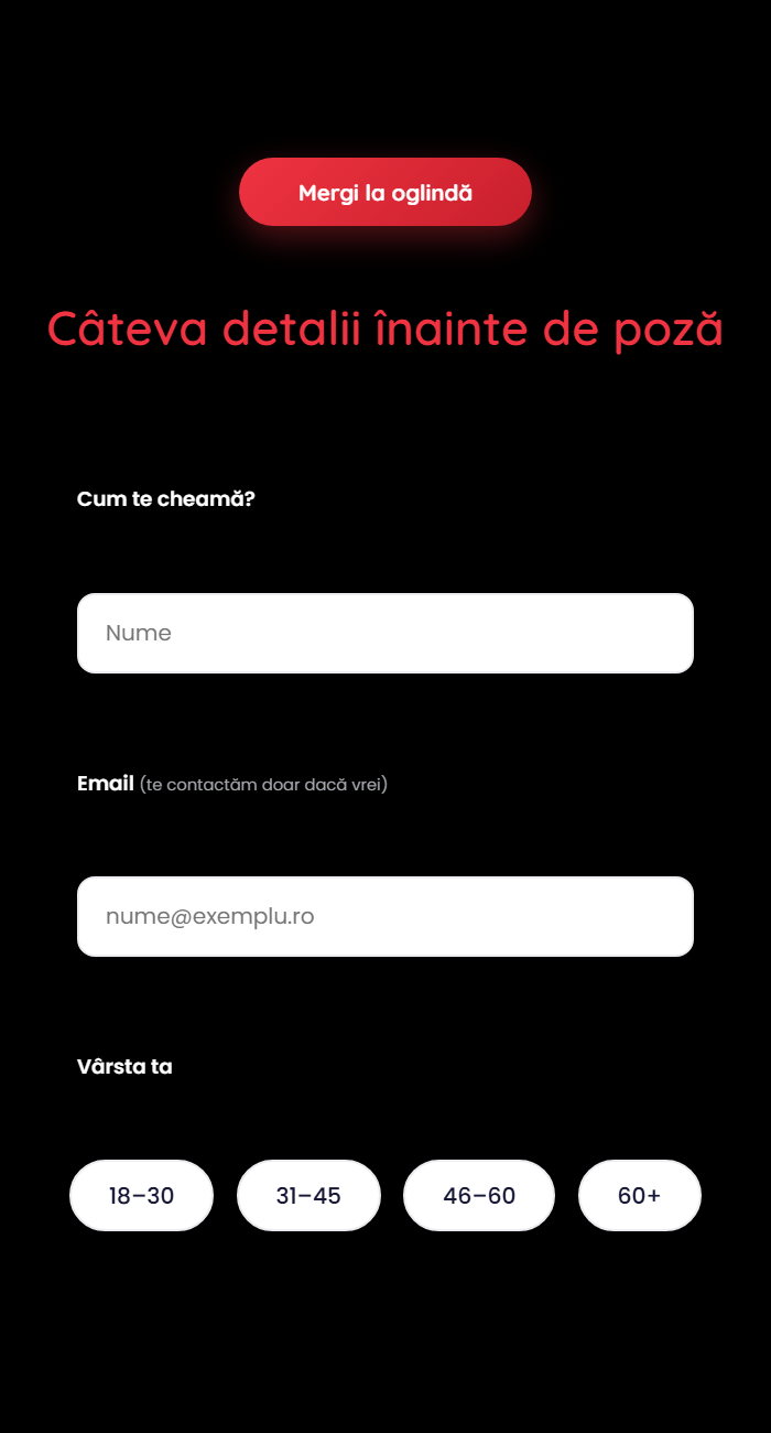 Studiu de caz: Oglinda Foto OMG și Quiz-ul Eurolife FFH la Nostalgia Retro Disco Future 9 Formularul de nume și email pentru trimiterea pozei