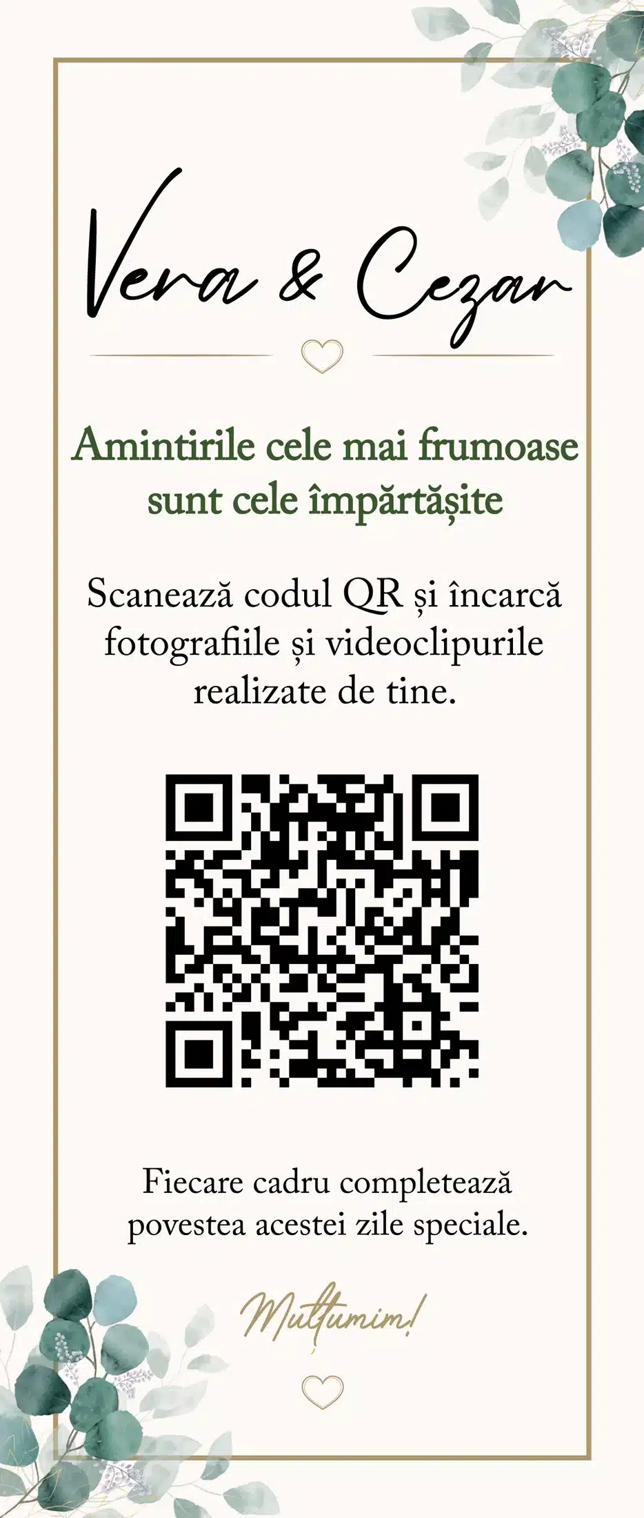 Carduri QR personalizate tip călăreț | QR Stories 18 Model C01 de card QR tip călăreț, față-verso, personalizabil pentru nuntă, botez sau eveniment corporate