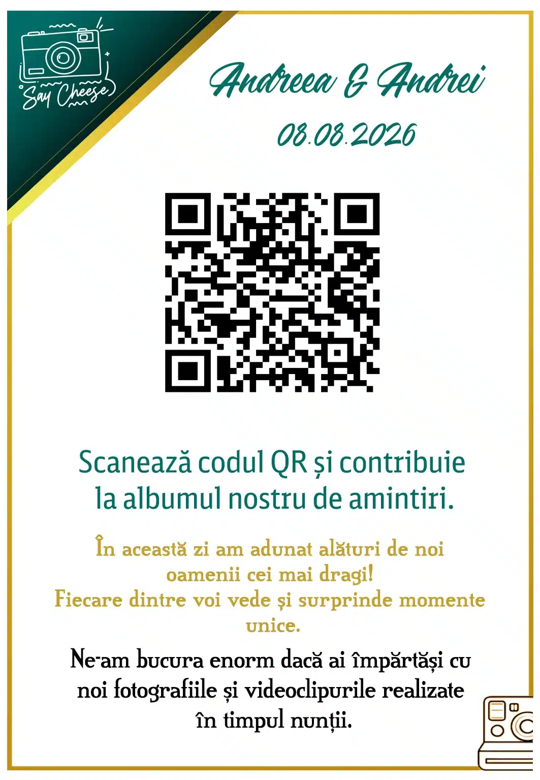Carduri QR personalizate tip călăreț | QR Stories 19 Model C02 de card QR tip călăreț, față-verso, personalizabil pentru nuntă, botez sau eveniment corporate