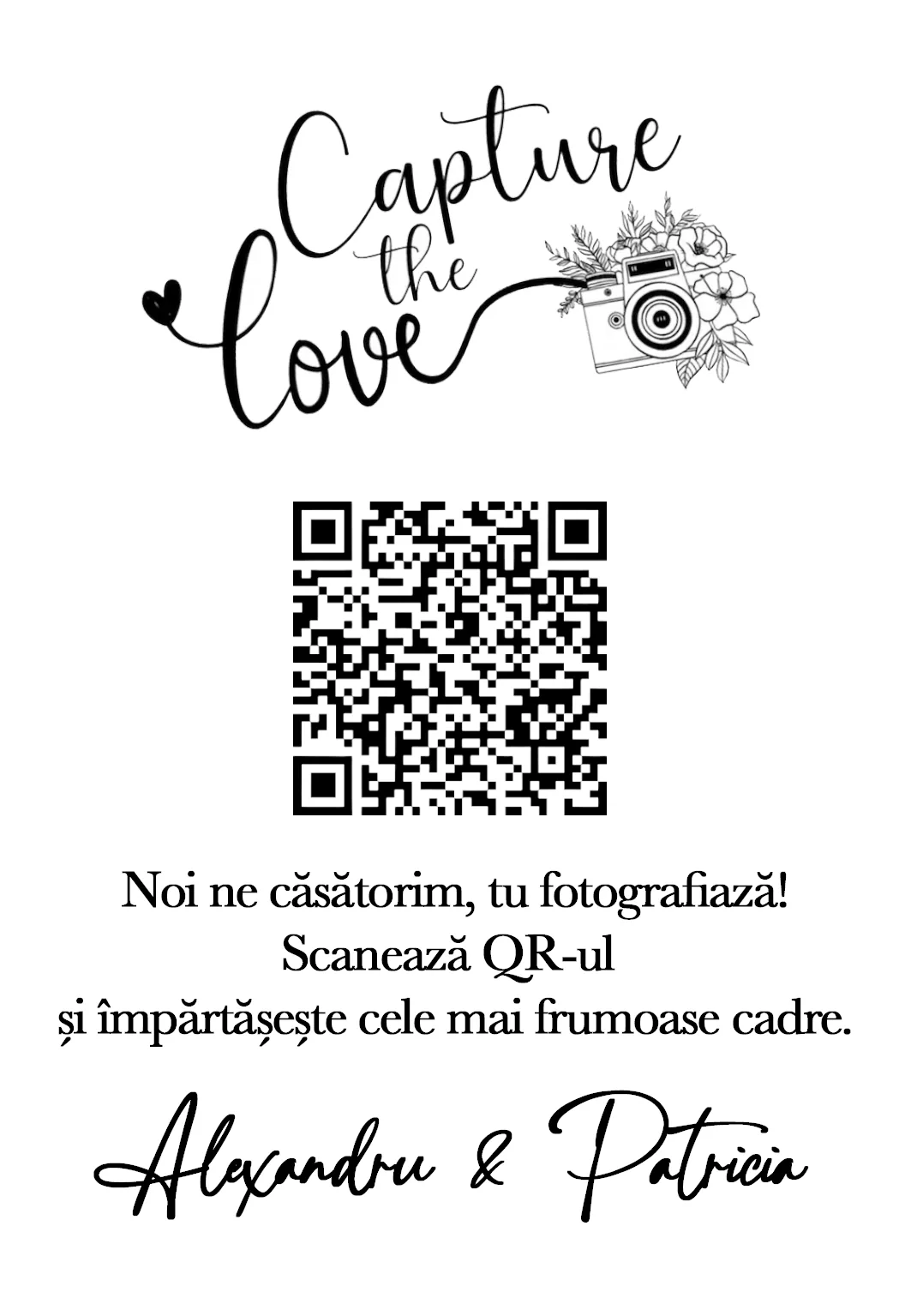 Carduri QR personalizate tip călăreț | QR Stories 20 Model C03 de card QR tip călăreț, față-verso, personalizabil pentru nuntă, botez sau eveniment corporate