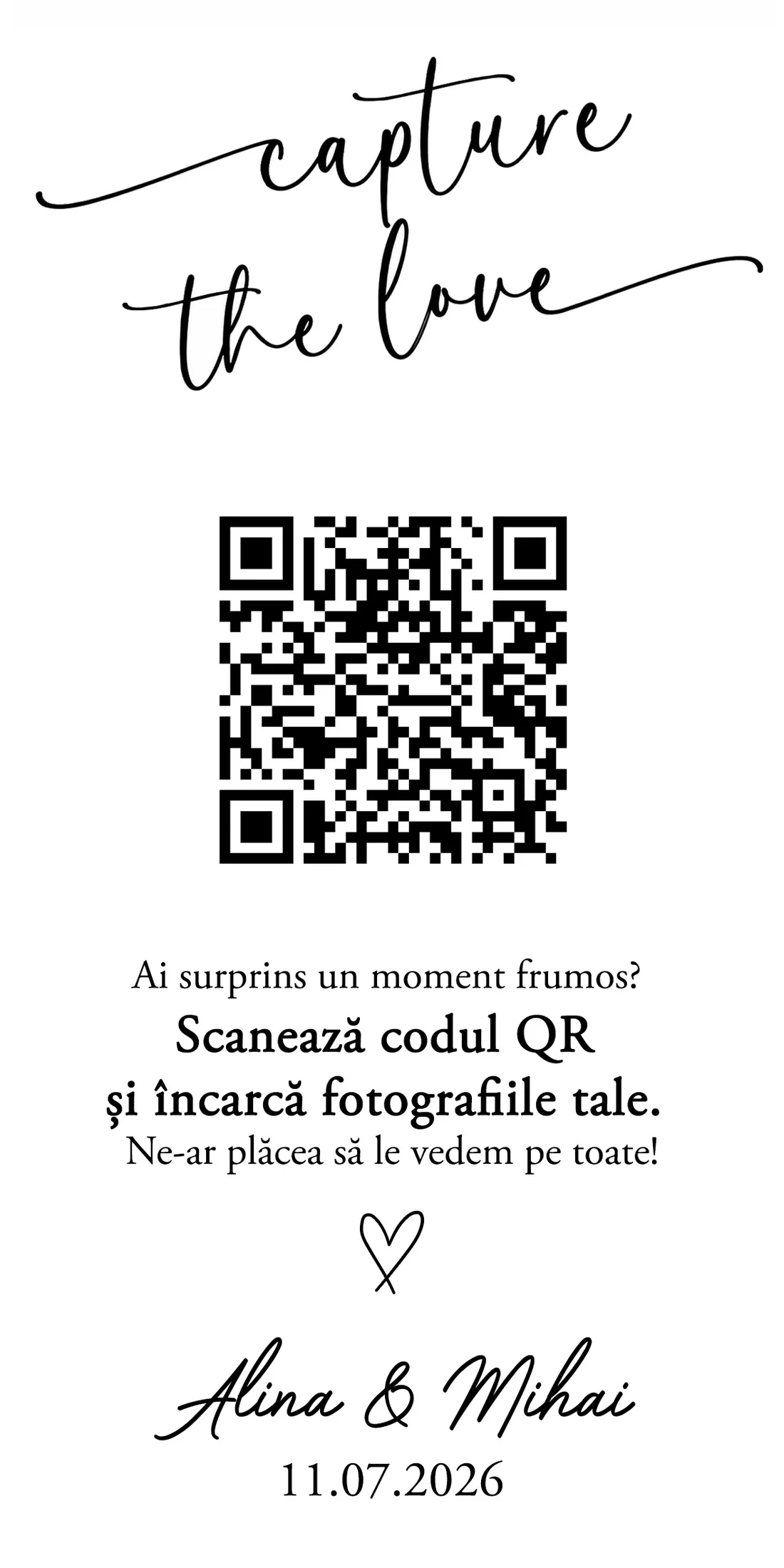 Carduri QR personalizate tip călăreț | QR Stories 21 Model C04 de card QR tip călăreț, față-verso, personalizabil pentru nuntă, botez sau eveniment corporate