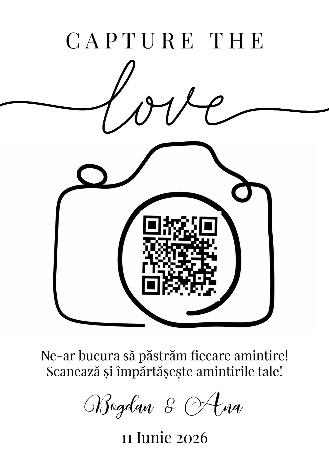 Carduri QR personalizate tip călăreț | QR Stories 23 Model C06 de card QR tip călăreț, față-verso, personalizabil pentru nuntă, botez sau eveniment corporate