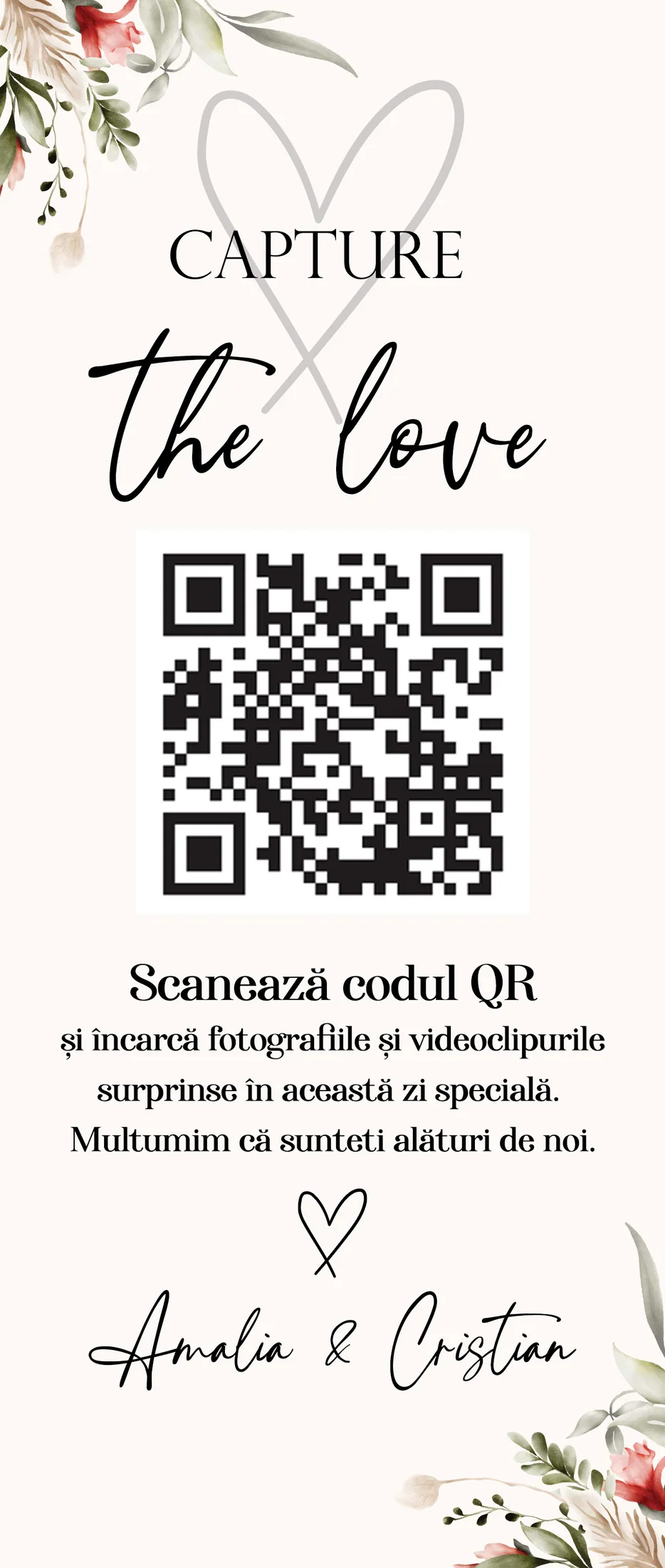 Carduri QR personalizate tip călăreț | QR Stories 27 Model C10 de card QR tip călăreț, față-verso, personalizabil pentru nuntă, botez sau eveniment corporate