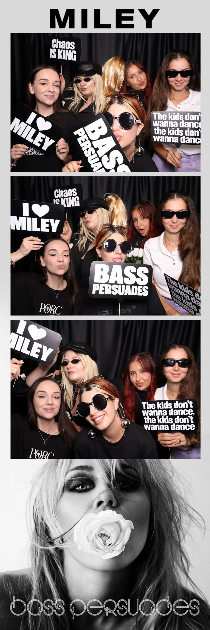 Studiu de caz: Cabină foto închisă la Miley Cyrus Global Listening Party 6 Print foto strip 5 × 15 cm de la Miley Cyrus Global Listening Party, cu trei cadre de grup, props-uri personalizate și grafica MILEY Bass Persuades