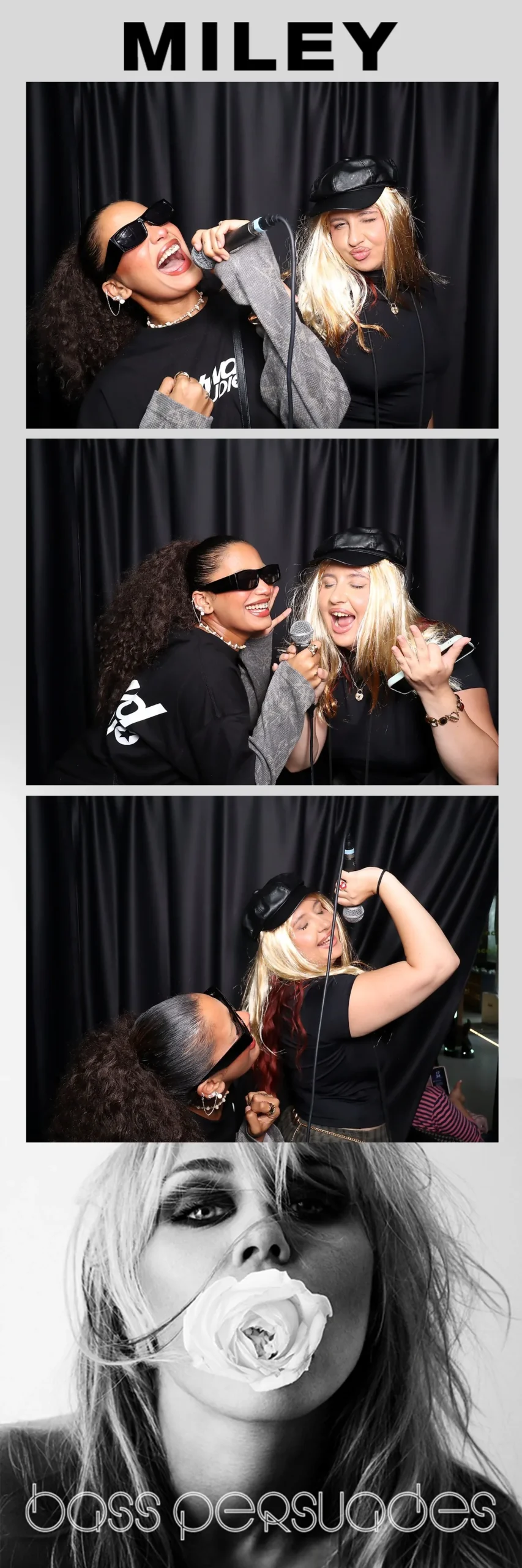 Studiu de caz: Cabină foto închisă la Miley Cyrus Global Listening Party 7 Print foto strip 5 × 15 cm cu grafica MILEY Bass Persuades și trei cadre ale două invitate folosind microfonul în cabina foto