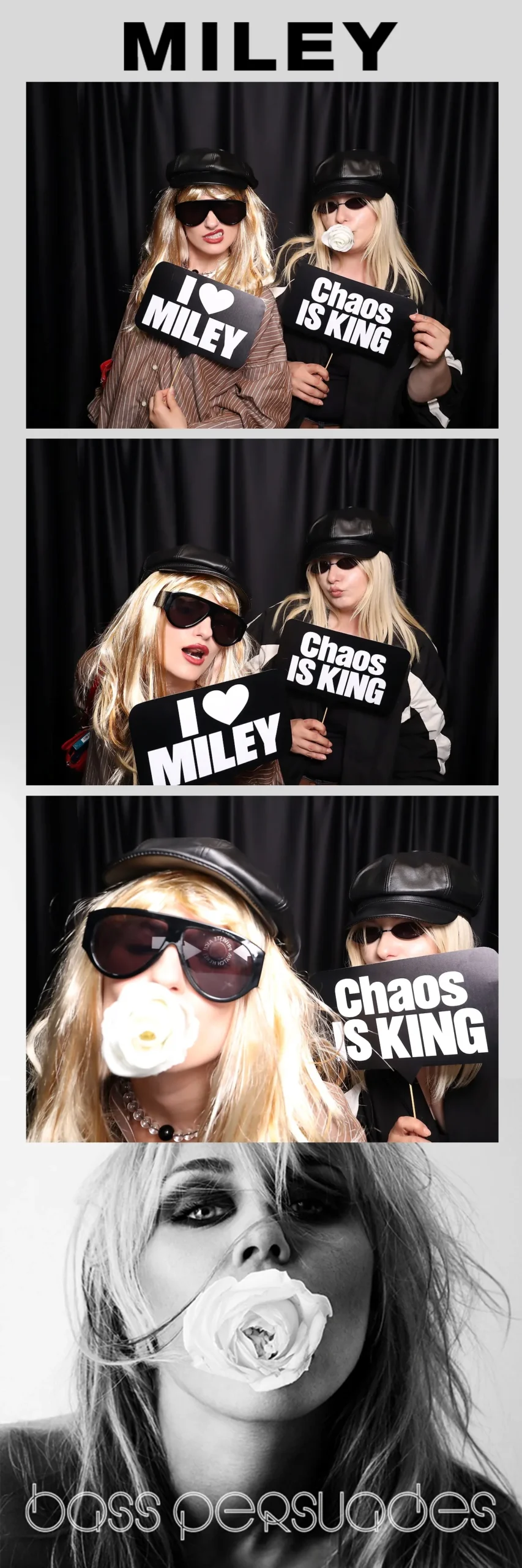 Studiu de caz: Cabină foto închisă la Miley Cyrus Global Listening Party 8 Print foto strip 5 × 15 cm cu grafica MILEY Bass Persuades, trei cadre ale invitatelor și props-urile personalizate I Love Miley și Chaos Is King