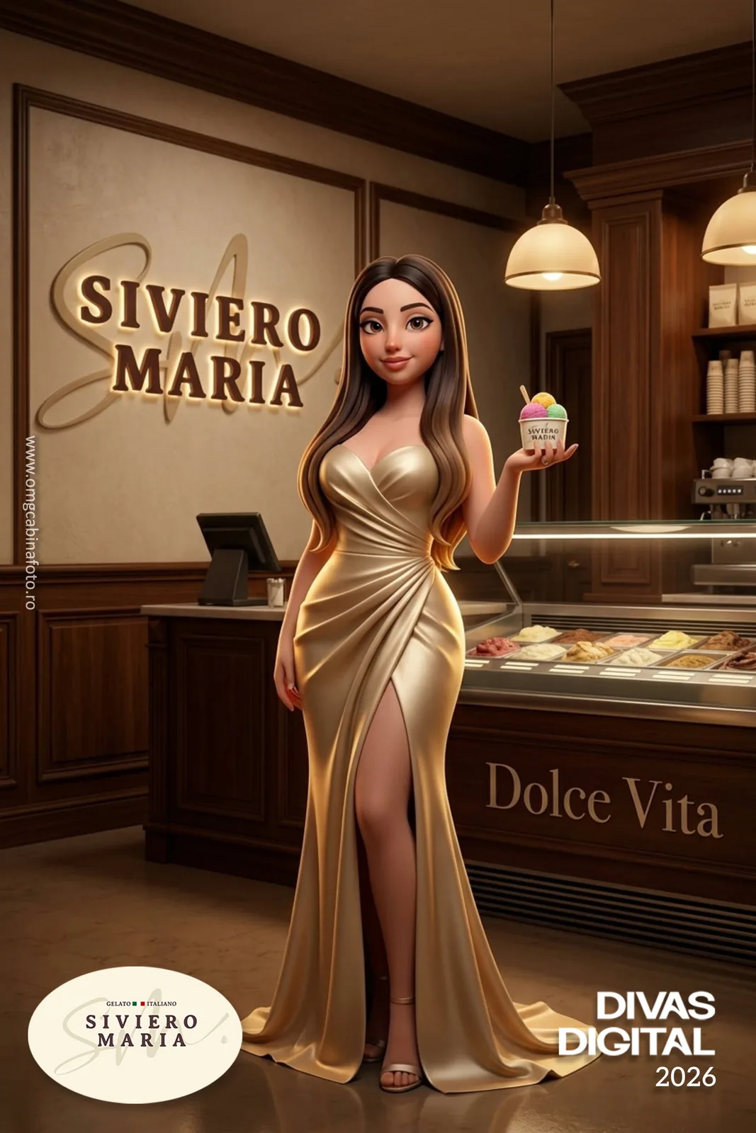 AI Photo Booth la Digital Divas 2026: Siviero Maria × OMG 16 Personaj AI elegant ținând o cupă de înghețată într-o gelaterie Siviero Maria