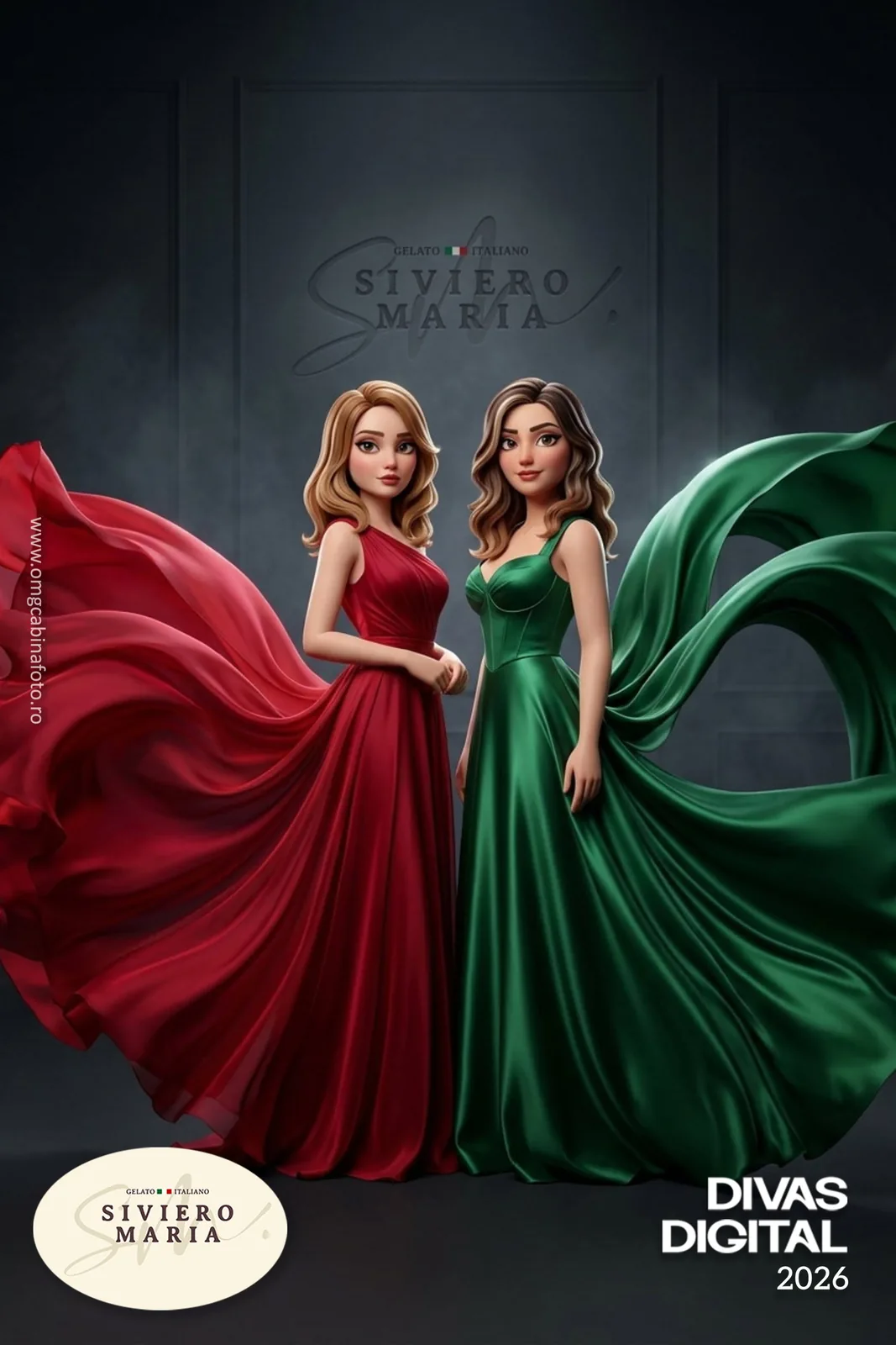 AI Photo Booth la Digital Divas 2026: Siviero Maria × OMG 24 Două personaje AI în rochii roșie și verde, fotografiate împreună