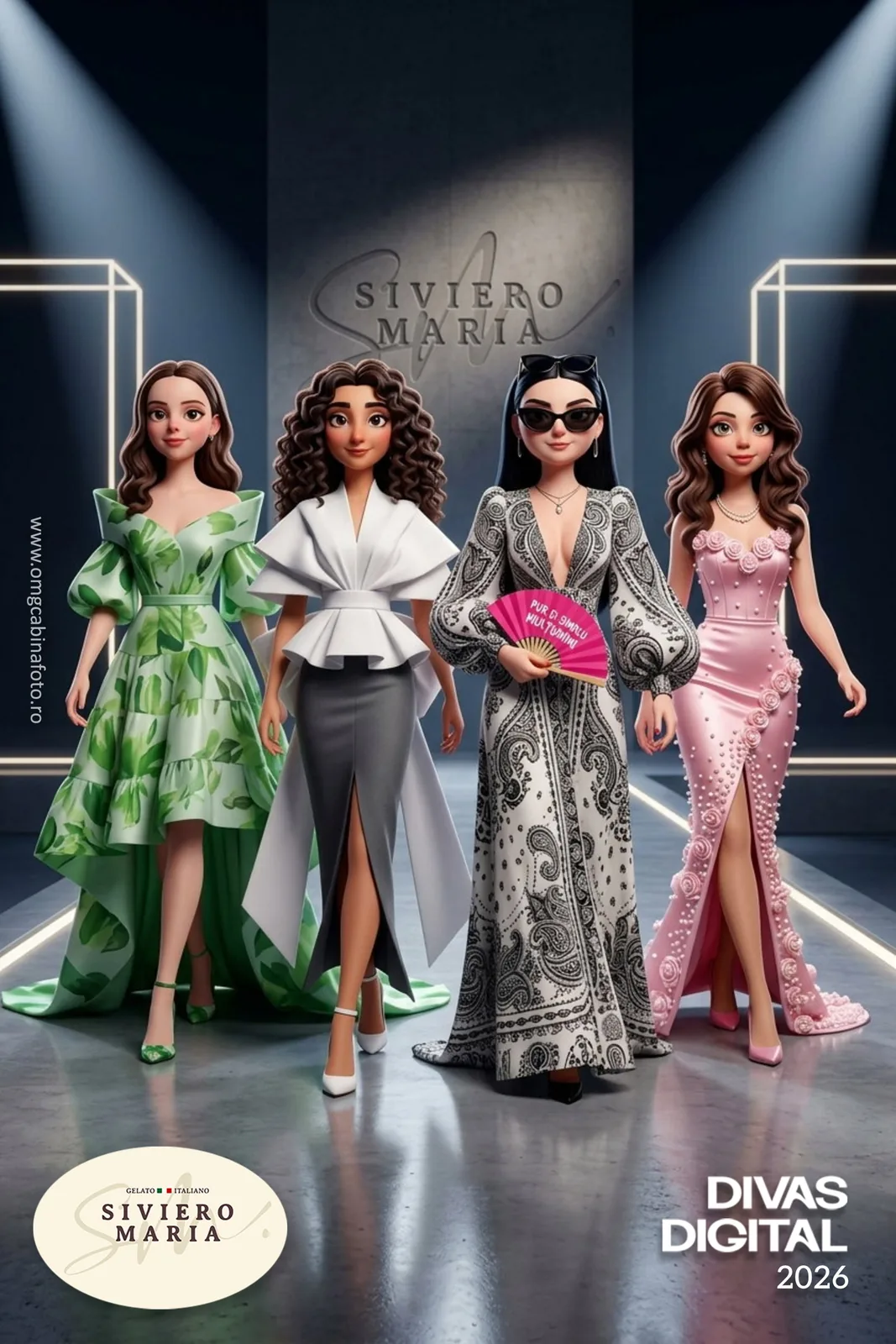 AI Photo Booth la Digital Divas 2026: Siviero Maria × OMG 25 Grup de patru participante transformate în personaje AI pe un podium