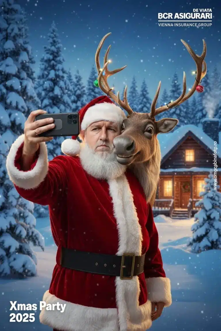 AI Photo Booth | Cabina Foto cu Inteligență Artificială București 26 Fotografie AI Photo Booth BCR Asigurări Christmas Party 2025 cu Moș Crăciun și ren